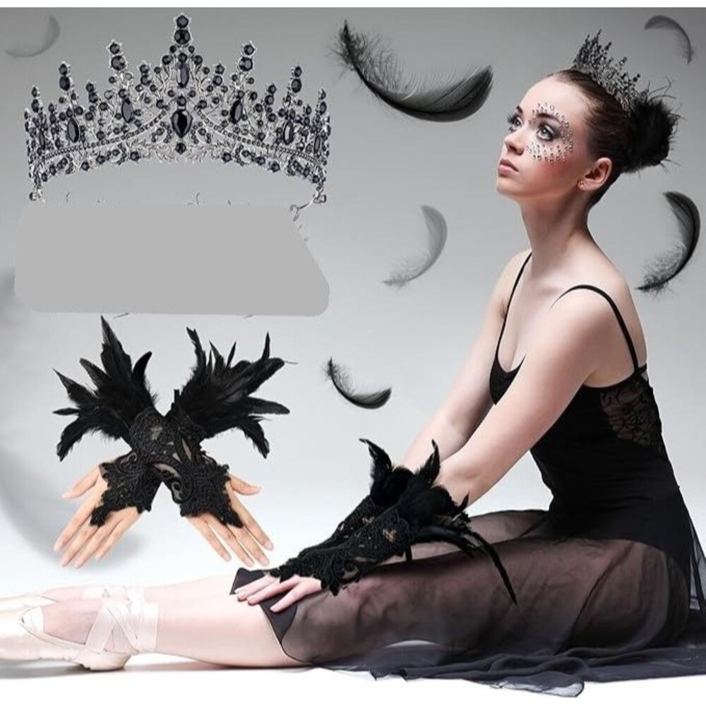 4pc Black Swan Silver Tiara Crown, Gloves, Tutu Ballet Goth Rhinestone Cosplay - Picture 5 of 8